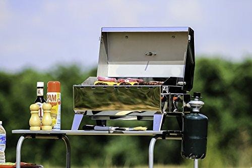 Camco Stainless Steel Portable Propane Gas Grill, Convenient Size For Tailgating, Camping, RV, Picnicking, Home and Boats, Includes Storage Bag (125 Square Inches Of Cooking Surface)