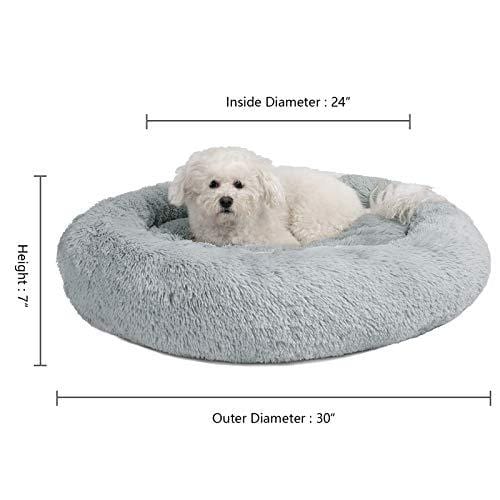 Veehoo Self-Warming Round Dog Bed for Medium Dogs & Cats, Luxurious Faux Fur Donut Cuddler, Bolster Pet Bed & Sofa, Extra Plush Dog Pillow & Couch, Machine Washable, Grey