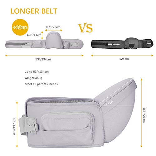 Viedouce Hip Seat Baby Carrier with Safety Straps Lightweight Ergonomic Waist Stool Baby Front Carrier for 3-48 MO, Gray