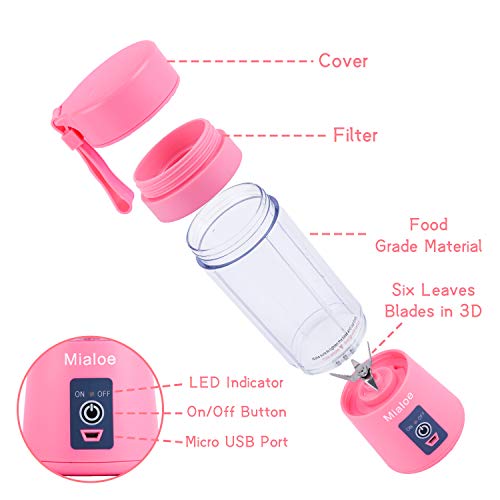 Portable Blender, Personal Size Eletric USB Juicer Cup, Fruit, Smoothie, Baby Food Mixing Machine with Updated 6 Blades,Magnetic Secure Switch Electric Fruit Mixer for Superb Mixing 380ml (Pink)