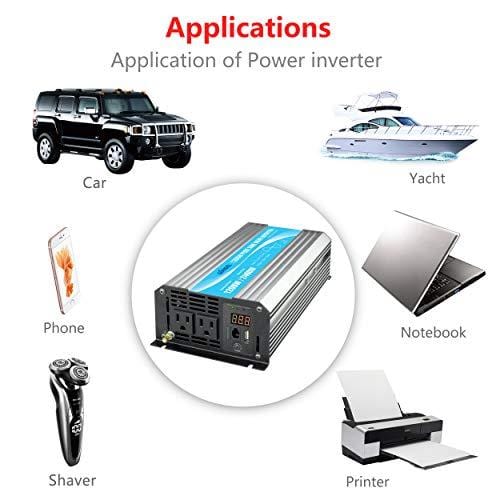 Power Inverter Pure Sine Wave 1200Watt 12V DC to 110V 120V with Remote Control Dual AC Outlets and USB Port for CPAP RV Car Solar System Emergency