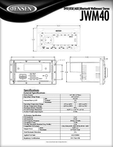 Jensen JWM40 AM/FM|DVD|CD|USB|AUX| Bluetooth (A2DP & AVRCP) Wallmount Stereo, 2-Speaker Zone / 4 Speakers, Plays: CD, CD-R, CD-RW, DVD, DVD+RW, DVD-RW, DVD-Video, MPEG-4, VCD, JPEG, CD-DA, MP3, WMA