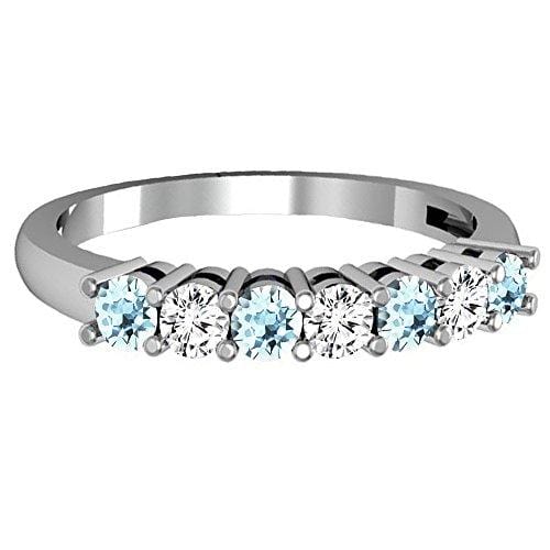 Dazzlingrock Collection 14K Round Aquamarine & White Diamond Ladies 7 Stone Wedding Band Ring, White Gold, Size 6.5