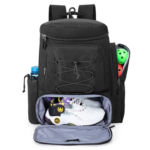 GOBUROS Pickleball Paddle Bag Backpack for 4 Rackets with Fence Hook, Pickleball Equipment Bag with Shoe Compartment for Men Women, Black, Bag Only