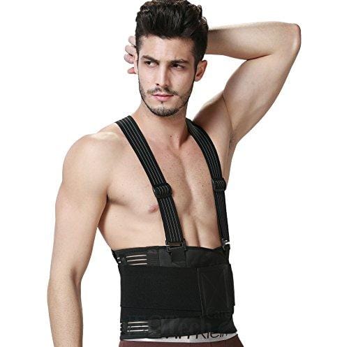 Back Brace with Suspenders for Men - Adjustable - Removable Shoulder Straps - Lumbar Support Belt - Lower Back Pain, Work, Lifting, Exercise, Gym - Neotech Care Brand - Black - Size L