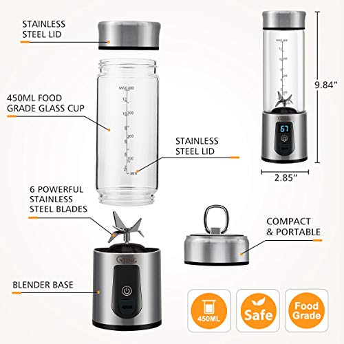 Portable Blender, G-TING Personal Smoothies Blender Cordless, Single Serve Mini Blender 450ml USB Rechargeable Small Juice Mixer Portable Juicer (Shakes, Smoothies, Home, Travel & Gym) Food Grade