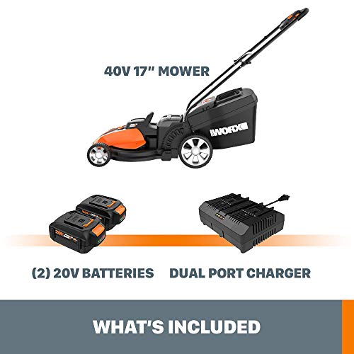 WORX WG744 40V Power Share 4.0 Ah 17" Lawn Mower w/ Mulching (2x20V Batteries),Orange