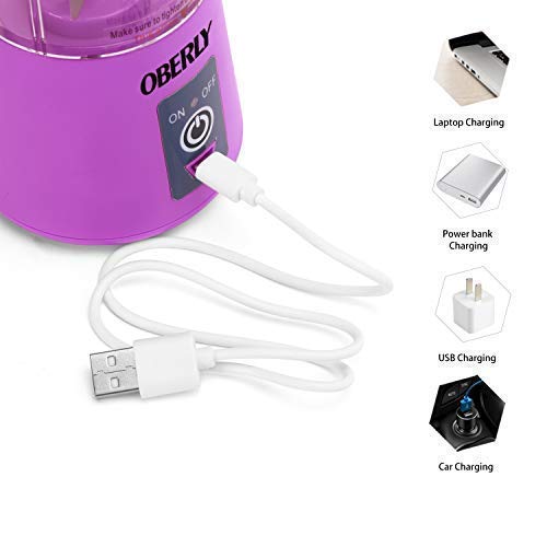Portable Blender, OBERLY Smoothie Juicer Cup - Six Blades in 3D, 13oz Fruit Mixing Machine with 2000mAh USB Rechargeable Batteries, Ice Tray, Detachable Cup