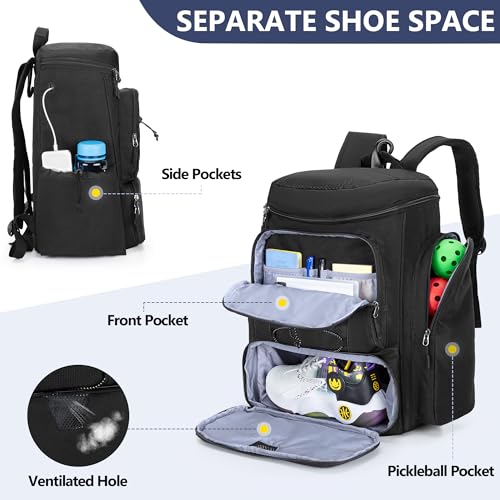 GOBUROS Pickleball Paddle Bag Backpack for 4 Rackets with Fence Hook, Pickleball Equipment Bag with Shoe Compartment for Men Women, Black, Bag Only