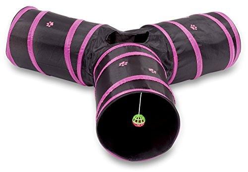 Prosper Pet Cat Tunnel - Collapsible 3 Way Play Toy - Interactive Tube Toys for Rabbits, Kittens, and Dogs - Black/Pink