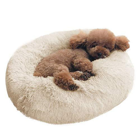 Dog Bed Cat Bed Cushion Bed Faux Fur Donut Cuddler Self-Warming Cat and Dog Bed Cushion for Joint-Relief and Improved Sleep - Machine Washable, Waterproof Bottom 18 x 18 x 5.5-Inch (Beige)