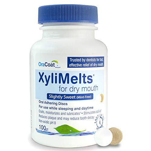 OraCoat XyliMelts Dry Mouth Relief Oral Adhering Discs Slightly Sweet with Xylitol, For Dry Mouth, Stimulates Saliva, Non-Acidic, Day and Night Use, Time Release for up to 8 Hours, 100 Count