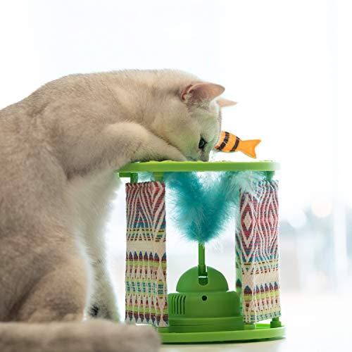 PETGEEK Cat Rolling Toy with Feathers, Automatic Cat Toys Interactive -Cat Toy Feather Teaser & Squeak Mouse Cat Toy Decoration Fish Crinkle Paper Inside, Wonder Pod Diameter 6.7" Height 7"