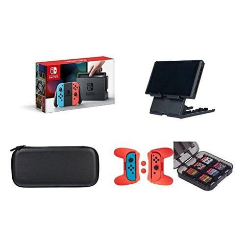 Nintendo Switch - Neon Blue and Red Joy-Con with AmazonBasics Carrying Case,Playstand,Game Storage & Grip Kit