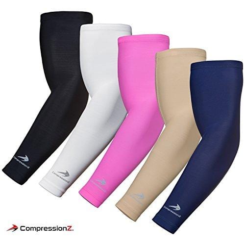 CompressionZ Arm Sleeve (Pair) - Sports Compression Sleeves for Baseball, Basketball, Football, Cycling, Golf - Elbow Brace for Arthritis, Lymphedema - UV Protection for Men/Women (Pink, Large)