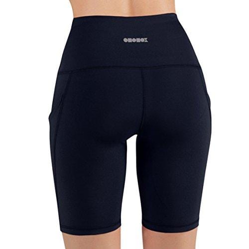 ODODOS High Waist Out Pocket Yoga Short Tummy Control Workout Running Athletic Non See-Through Yoga Shorts,Navy,Medium