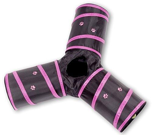 Prosper Pet Cat Tunnel - Collapsible 3 Way Play Toy - Interactive Tube Toys for Rabbits, Kittens, and Dogs - Black/Pink