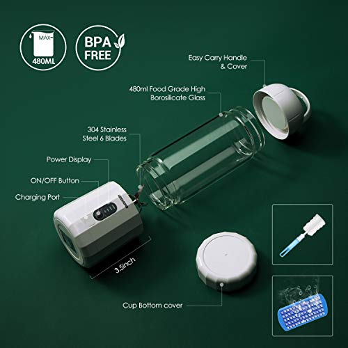 REDMOND Smoothie Blender, 4000mAh Portable USB Rechargeable Blender with 480ml Glass Travel Bottle, 6 Stainless Steel Powerful Blades, Battery Indicator for Shakes and Smoothies Outdoor, White BL015