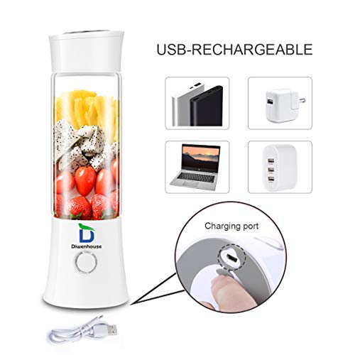 Diwenhouse Portable Blender USB Rechargeable Juicer Cup - Personal Size 16 oz Juice Glass Shakes Wireless Blue Including Metal Reusable Straws