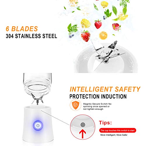 Portable Blender, Personal Blender for Shakes and Smoothies, 6 Stainless Steel Blades Cordless USB Rechargeable Juicer Cup with 4000mAh Batteries, Handheld 16oz Mini Travel Blender Small Fruit Mixer Detachable for Home Office Gym Outdoor, White
