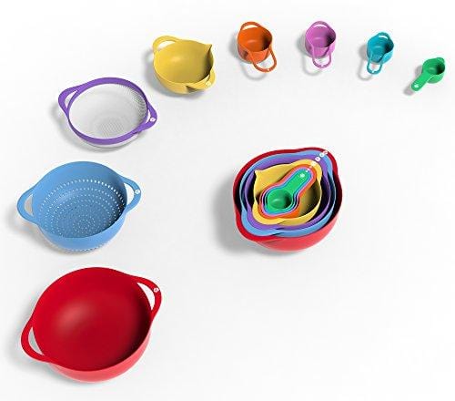 Vremi 13 Piece Mixing Bowl Set - Colorful Kitchen Bowls Colander Mesh Strainer with Handles Measuring Cups and Spoons - BPA Free Plastic Nesting Bowls with Easy Pour Spout for Baking Cooking and More