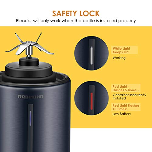 REDMOND Portable Blender 5000mAh USB Rechargeable Smoothie Blender with 16oz Glass Bottle Stainless Steel Shell for Smoothie Milk Shake Mini Travel Size - Black