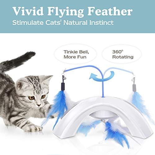 PAWABOO Pet Teasing Toy, Feather Whirl Teaser Spin Cat Toy Quadripod Electronic Interactive Chase Rotating Feather Toys for Pet Cat Kitten Play Fun Exercise - White & Blue