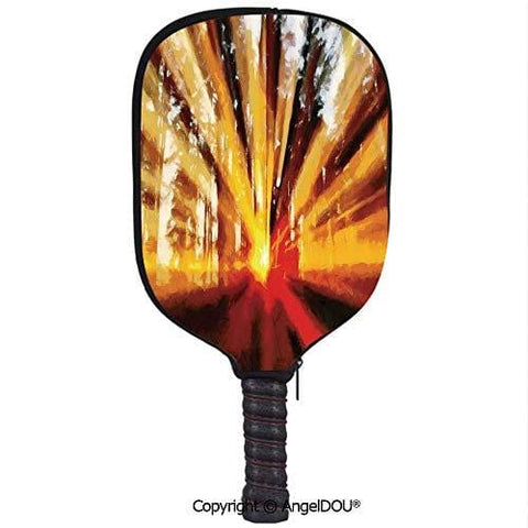 AngelDOU Country Decor Lightweight Neoprene Durable Pickleball Paddle Cover Photo of Magical Sunbeams Lighting Through Trees at Sunset in The Forest Nature Print Holder Sleeve Case Protector.Yellow O