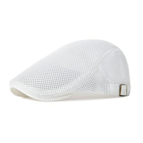 VOBOOM Men Breathable mesh Summer hat Adjustable Newsboy Beret Ivy Cap Cabbie Flat Cap MZ124 (White)