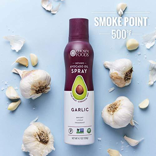 Chosen Foods Garlic Avocado Oil Spray 4.7 oz., Non-GMO, 500° F Smoke Point, Propellant-Free, Air Pressure Only for High-Heat Cooking, Baking and Frying