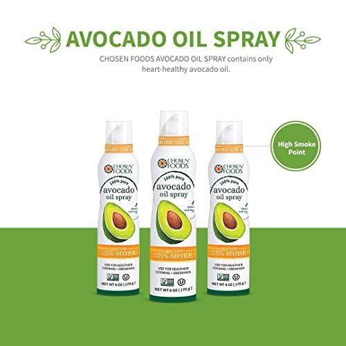Chosen Foods 100% Pure Avocado Oil Spray 6 oz., Non-GMO, 500° F Smoke Point, Propellant-Free, Air Pressure Only for High-Heat Cooking, Baking and Frying