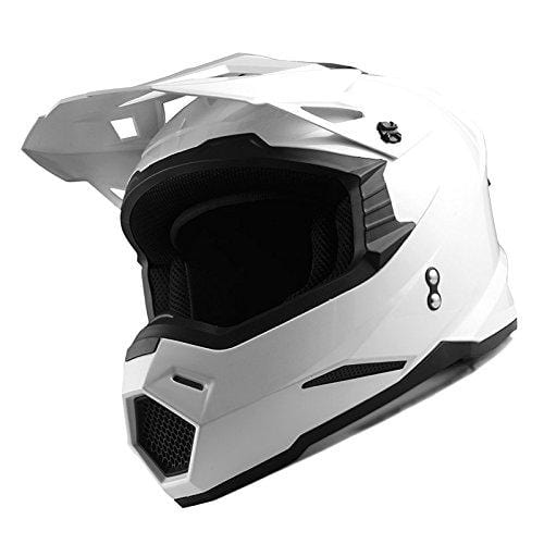 1Storm Adult Motocross Helmet BMX MX ATV Dirt Bike Helmet Racing Style Glossy White; + Goggles + Skeleton Black Glove Bundle