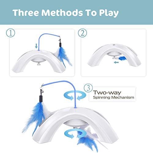 PAWABOO Pet Teasing Toy, Feather Whirl Teaser Spin Cat Toy Quadripod Electronic Interactive Chase Rotating Feather Toys for Pet Cat Kitten Play Fun Exercise - White & Blue