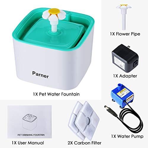 PARNER Pet Water Fountain, 2.5L Flower Pet Dispenser, Super Quiet Automatic Drinking Water Bowl for Cat & Dog