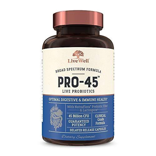 PRO45: #1 CLINICAL GRADE Probiotic Formula, 45 billion CFU, 11 patented strains. Dairy Free. Delayed release veggie caps. Promotes immune and digestive health. 30 Day Supply (1)