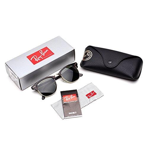 Ray-Ban, Clubmaster Sunglasses, Non-Polarized, Acetate Frame, Glass Lenses, Mock Tortoise/Arista Frame, Crystal Green G-15 Lenses, 51 mm