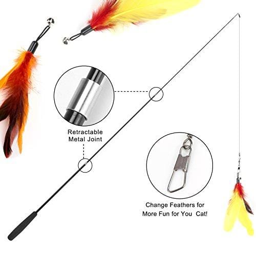 Cat Feather Toy, Retractable Cat Toys Wand 2 Wands & 9 Assorted Teaser Refills, Interactive Feather Teaser Wand Toy Bell Kitten Cat Having Fun Exerciser Playing
