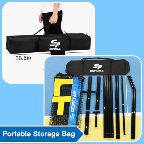 GoPickle Pickleball Net with Court Marking Kit, 22FT Regulation Size Portable Pickle Ball Net System with Carrying Bag, Durable Metal Frame PE Knitted Net for Home Indoor Outdoor Driveway Game