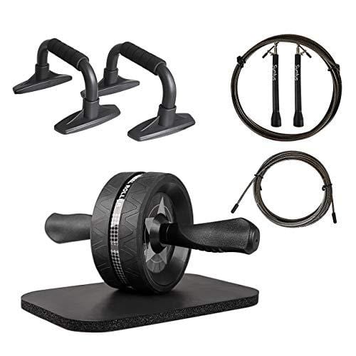 Syntus Upgraded 6-in-1 AB Roller Wheel with Knee Pad Push Up Bars Handles Grips Adjustable Skipping Jump Rope, Home Gym Workout Exercise Equipment for Men Women Boxing MMA Fitness Training (Grey)