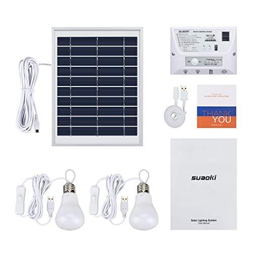SUAOKI Solar Panel System Lights Kit, Upgraded Portable Home Solar Lights Outdoor Solar Powered Charger with Switch Controller, 2 LED Bulbs, 3 USB Ports for Indoor Outdoor Camping Garage Emergency