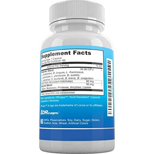 Probiotic 50 Billion CFU, Prebiotic, Digestive Enzymes, 2 Month Supply, 60 DRcaps for Men and Women Healthy Digestion - Lactobacillus Acidophilus, Shelf Stable, Gluten Dairy Free & Vegetarian Friendly