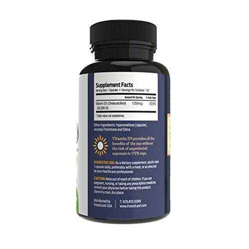 Vitamin D3 50,000 IU Weekly Supplement - 120 Vegetable Capsules - Helps Boost and Strengthen Bones, Teeth, Immune System and Muscle Function - by ForestLeaf