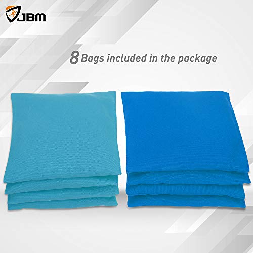 JBM Cornhole Bag (Pack of 8) Weather Resistant Cornhole Bags with Recycled Plastic Pellets for Tossing Corn Hole Game - Free Carrying Bag Included (Blue & Navy, 14OZ)