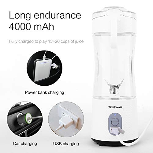 Tenswall Portable, Personal Size Smoothies and Shakes, Handheld Fruit Machine 13oz USB Rchargeable Juicer Cup, Ice Blender Mixer Home/Of, 380ML, White
