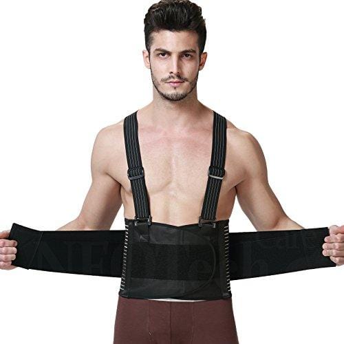 Back Brace with Suspenders for Men - Adjustable - Removable Shoulder Straps - Lumbar Support Belt - Lower Back Pain, Work, Lifting, Exercise, Gym - Neotech Care Brand - Black - Size L