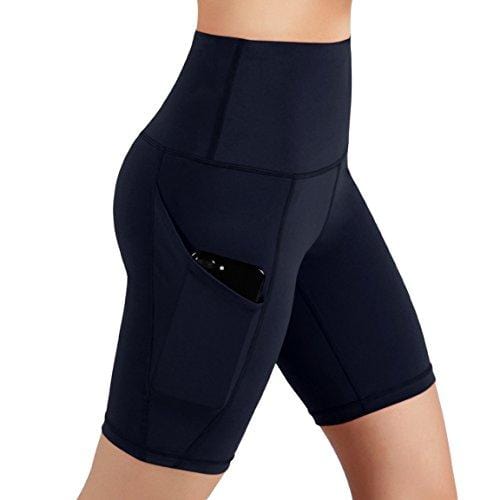 ODODOS High Waist Out Pocket Yoga Short Tummy Control Workout Running Athletic Non See-Through Yoga Shorts,Navy,Medium