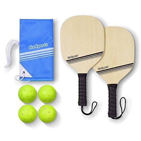 GoSports Pickleball Beginner Set Bundle - Includes Two Wood Paddles, Four Official Pickle Balls & Carrying Tote Bag