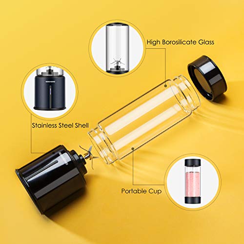 REDMOND Portable Blender 5000mAh USB Rechargeable Smoothie Blender with 16oz Glass Bottle Stainless Steel Shell for Smoothie Milk Shake Mini Travel Size - Black