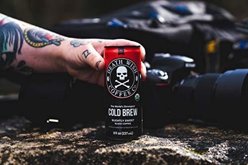 Death Wish Coffee, Cold Brew Cans, The World's Strongest Coffee, Organic Iced Coffee Drink - 8 Ounces - 4 Pack (Slightly Sweetened Black)