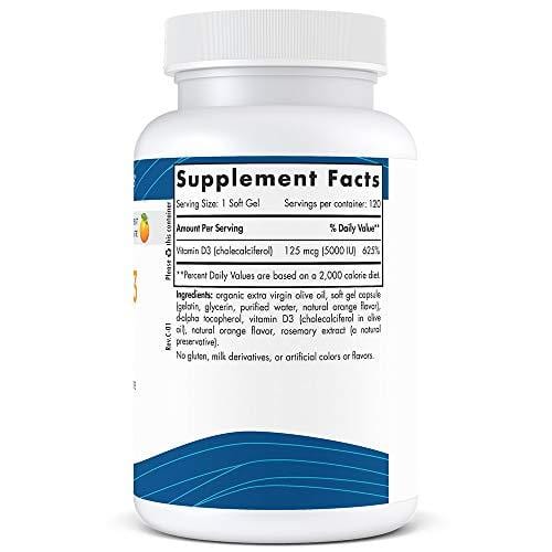 Nordic Naturals Vitamin D3 5000 - Potent Dose of Vitamin D3 for Bone Health, Mood and Sleep Rhythm Support, and Immune System Function*, Orange, 120 Soft Gels
